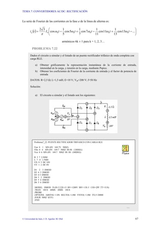TEMA 7: CONVERTIDORES AC/DC: RECTIFICACIÓN
© Universidad de Jaén; J. D. Aguilar; M. Olid 67
La serie de Fourier de las corrientes en la fase a de la línea de alterna es:
( ) ⎟
⎠
⎞
⎜
⎝
⎛
−
+
−
+
−
= ...
13
cos
13
1
11
cos
11
1
7
cos
7
1
5
cos
5
1
cos
3
2
0
0
0
0
0
0 t
t
t
t
t
I
t
ia ω
ω
ω
ω
ω
π
armónicos 6k ± 1 para k = 1, 2, 3…
PROBLEMA 7.22
Dados el circuito a simular y el listado de un puente rectificador trifásico de onda completa con
carga RLE.
a) Obtener gráficamente la representación instantánea de la corriente de entrada,
intensidad en la carga, y tensión en la carga, mediante Pspice.
b) Obtener los coeficientes de Fourier de la corriente de entrada y el factor de potencia de
entrada
DATOS: R=2,5 Ω; L=1,5 mH; E=10 V; Vab=208 V; f=50 Hz
Solución:
a) El circuito a simular y el listado son los siguientes:
…
Problema7_22: PUENTE RECTIFICADOR TRIFASICO CON CARGA RLE
Van 0 1 SIN (0V 169.7V 50HZ)
Vbn 0 4 SIN (0V 169.7 50HZ 0S 0S -120DEG)
Vcn 0 6 SIN (0V 169.7 50HZ 0S 0S -240DEG)
R 3 7 2.5HM
L 7 8 1.5MH
VX 8 5 DC 10V
VY 1 2 DC 0V
D1 2 3 DMOD
D2 4 3 DMOD
D3 6 3 DMOD
D4 5 2 DMOD
D5 5 4 DMOD
D6 5 6 DMOD
.MODEL DMOD D (IS=2.22E-15 BV=1200V IBV=13E-3 CJO=2PF TT=1US)
.TRAN 10US 40MS 20MS 10US
.PROBE
.OPTIONS ABSTOL=1.0N RELTOL=1.0M VNTOL=1.0M ITL5=20000
.FOUR 50HZ I(VY)
.END
 