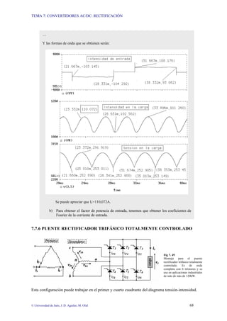 TEMA 7: CONVERTIDORES AC/DC: RECTIFICACIÓN
© Universidad de Jaén; J. D. Aguilar; M. Olid 68
7.7.6 PUENTE RECTIFICADOR TRIFÁSICO TOTALMENTE CONTROLADO
Fig 7. 49
Montaje para el puente
rectificador trifásico totalmente
controlado. Es de onda
completa con 6 tiristores y se
usa en aplicaciones industriales
de más de más de 120kW.
Esta configuración puede trabajar en el primer y cuarto cuadrante del diagrama tensión-intensidad.
…
Y las formas de onda que se obtienen serán:
Se puede apreciar que I1=110,072A.
b) Para obtener el factor de potencia de entrada, tenemos que obtener los coeficientes de
Fourier de la corriente de entrada.
 