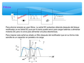 Filtros
Rectificador
Filtros
−
+
SV
Para ahorrar energía se usan filtros. La señal DC pulsantes obtenida después del bloque
rectificador no es señal DC pura por lo tanto puede servir para cargar baterías o alimentar
motores DC pero no sirve para alimentar circuitos electrónicos.
Para mejorar esta señal se añade un filtro después del rectificador que en su forma más
sencilla es un capacitor en paralelo a la carga.
π π2
pI
MáxV
MínV
1T 2T
T
tω
wt1
2
π
π
 