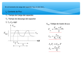 En el momento de carga del capacitor hay un pico de Ip
Ip: Corriente de Pico
T1: Tiempo de Carga del capacitor.
T2: Tiempo de descarga del capacitor
T: T1+T2=180º
tω
1T
2T
T
RppV
CapV
DCV
2
MínMáx VV
VDC
+
=
VRpp: Voltaje de rizado de p-p
Leq
DC
DC
RR
V
I
=
=
1
1
T
TI
I
TITI
DC
P
DCP
=
=
 