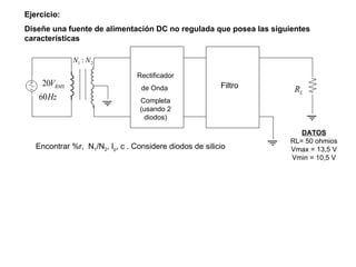 Rectificador de Onda  Completa (usando 2 diodos) Filtro Ejercicio:  Diseñe una fuente de alimentación DC no regulada que posea las siguientes características Encontrar %r,  N 1 /N 2 , I p , c . Considere diodos de silicio DATOS RL= 50 ohmios Vmax = 13,5 V Vmin = 10,5 V 