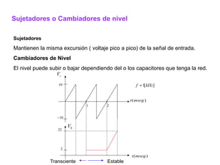 Sujetadores o Cambiadores de nivel Sujetadores Mantienen la misma excursión ( voltaje pico a pico) de la señal de entrada. Cambiadores de Nivel El nivel puede subir o bajar dependiendo del o los capacitores que tenga la red. Estable Transciente 