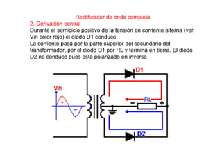 Rectificador de onda completa 2. - Derivación central Durante el semiciclo positivo de la tensión en corriente alterna (ver Vin color rojo) el diodo D1 conduce. La corriente pasa por la parte superior del secundario del transformador, por el diodo D1 por RL y termina en tierra. El diodo D2 no conduce pues está polarizado en inversa 