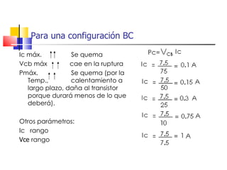 Para una configuración BC Ic máx.  Se quema Vcb máx  cae en la ruptura Pmáx.  Se quema (por la Temp.,  calentamiento a largo plazo, daña al transistor porque durará menos de lo que deberá). Otros parámetros: Ic  rango Vce  rango 