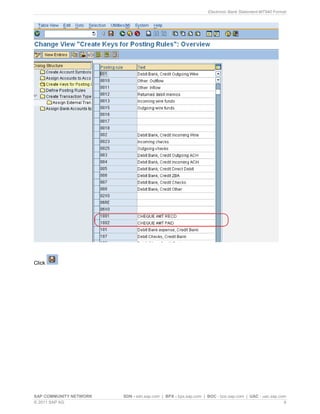 Electronic Bank Statement-MT940 Format
SAP COMMUNITY NETWORK SDN - sdn.sap.com | BPX - bpx.sap.com | BOC - boc.sap.com | UAC - uac.sap.com
© 2011 SAP AG 9
Click
 