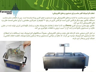 ‫ا‬‫الکترونیکی‬ ‫بردهای‬ ‫شستشوی‬ ‫برای‬ ‫مناسب‬ ‫کلینر‬ ‫التراسونیک‬ ‫نتخاب‬:
‫سیستم‬ ‫انتخاب‬‫به‬ ،‫مناسب‬‫است‬ ‫وابسته‬ ‫روزانه‬ ‫کاری‬ ‫حجم‬ ‫و‬ ‫شستشو‬ ‫مورد‬ ‫الکترونیکی‬ ‫بردهای‬ ‫اندازه‬.‫س‬ ‫انتخاب‬ ‫از‬ ‫پس‬‫مناسب‬ ‫ایز‬
‫رنج‬ ‫در‬ ‫کاری‬ ‫فرکانس‬ ،‫است‬ ‫کاری‬ ‫فرکانس‬ ‫دیگر‬ ‫مهم‬ ‫فاکتور‬ ،‫دستگاه‬40‫برد‬ ‫های‬ ‫قسمت‬ ‫تمامی‬ ‫برای‬ ‫را‬ ‫مطمئنی‬ ‫تمیزکاری‬ ‫کیلوهرتز‬
‫کند‬ ‫می‬ ‫ارائه‬ ‫الکترونیکی‬ ‫های‬.
‫فاکتور‬‫کاری‬ ‫سیستم‬ ‫بعدی‬ ‫مهم‬Sweep‫است‬‫مخزن‬ ‫در‬ ‫شده‬ ‫تولید‬ ‫انرژی‬ ‫نگهداشتن‬ ‫پایدار‬ ‫و‬ ‫مخرب‬ ‫هارمونیک‬ ‫ارتعاشات‬ ‫حذف‬ ‫با‬ ‫که‬
‫از‬ ‫آل‬ ‫ایده‬ ‫و‬ ‫یکنواخت‬ ‫شستشوی‬ ‫بر‬ ‫عالوه‬‫درونی‬ ‫آسیب‬‫کند‬ ‫می‬ ‫جلوگیری‬ ‫قطعات‬ ‫به‬.
‫ی‬ ‫ایستگاهه‬ ‫چند‬ ‫التراسونیک‬ ‫دستگاههای‬ ً‫ال‬‫معمو‬ ،‫الکترونیکی‬ ‫بردهای‬ ‫تولید‬ ‫های‬ ‫کارخانه‬ ‫مانند‬ ‫صنعتی‬ ‫کاری‬ ‫اشل‬ ‫در‬‫اصطالح‬ ‫به‬ ‫ا‬
‫ان‬ ‫قابلیت‬ ،‫اولتراسونیک‬ ‫درمخزن‬ ‫بردها‬ ‫شستشوی‬ ‫توانایی‬ ‫بر‬ ‫عالوه‬ ‫که‬ ،‫گردد‬ ‫می‬ ‫توصیه‬ ‫التراسونیک‬ ‫شستشوی‬ ‫خط‬‫و‬ ‫آبکشی‬ ‫جام‬
‫دارند‬ ‫نیز‬ ‫را‬ ‫بردها‬ ‫کردن‬ ‫خشک‬.
 