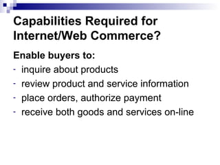 Capabilities Required for
Internet/Web Commerce?
Enable buyers to:
- inquire about products
- review product and service information
- place orders, authorize payment
- receive both goods and services on-line
 