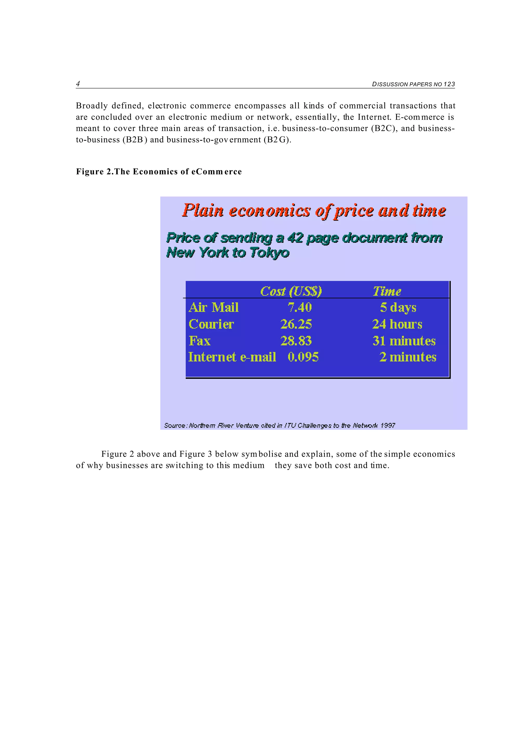 4 DISSUSSION PAPERS NO 123
Broadly defined, electronic commerce encompasses all kinds of commercial transactions that
are concluded over an electronic medium or network, essentially, the Internet. E-commerce is
meant to cover three main areas of transaction, i.e. business-to-consumer (B2C), and business-
to-business (B2B) and business-to-government (B2G).
Figure 2.The Economics of eComm erce
Figure 2 above and Figure 3 below sym bolise and explain, some of the simple economics
of why businesses are switching to this medium they save both cost and time.
 