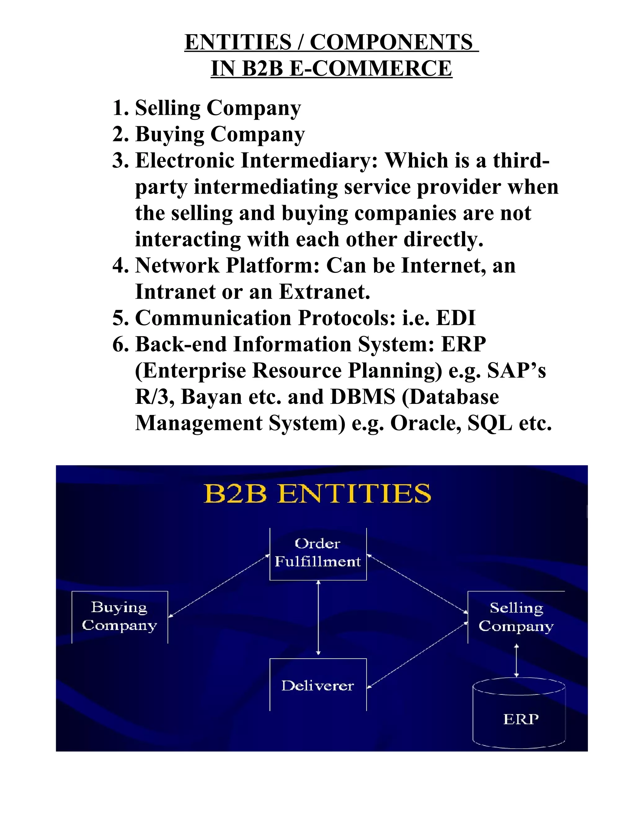 ENTITIES / COMPONENTS
IN B2B E-COMMERCE
1. Selling Company
2. Buying Company
3. Electronic Intermediary: Which is a third-
party intermediating service provider when
the selling and buying companies are not
interacting with each other directly.
4. Network Platform: Can be Internet, an
Intranet or an Extranet.
5. Communication Protocols: i.e. EDI
6. Back-end Information System: ERP
(Enterprise Resource Planning) e.g. SAP’s
R/3, Bayan etc. and DBMS (Database
Management System) e.g. Oracle, SQL etc.
 