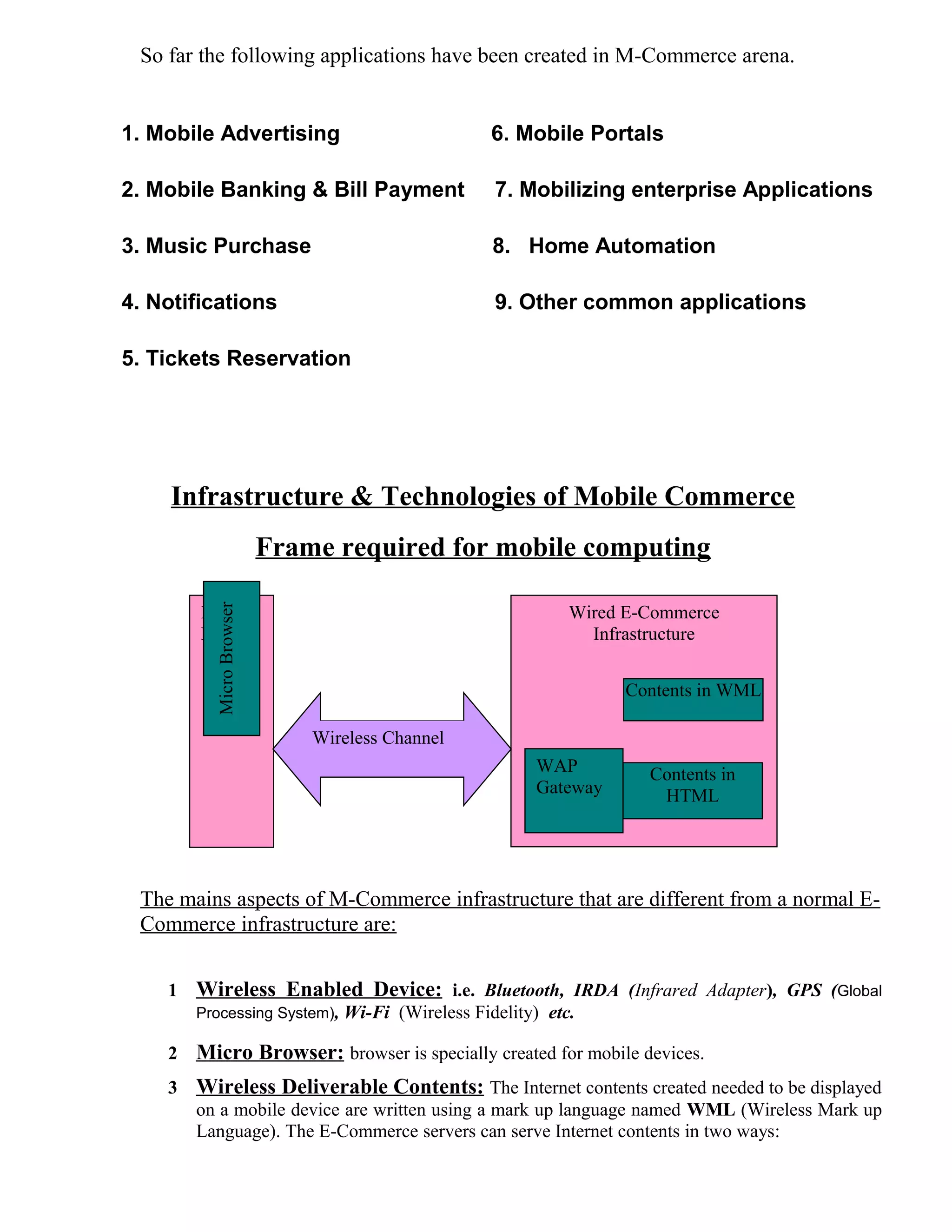 So far the following applications have been created in M-Commerce arena.
1. Mobile Advertising 6. Mobile Portals
2. Mobile Banking & Bill Payment 7. Mobilizing enterprise Applications
3. Music Purchase 8. Home Automation
4. Notifications 9. Other common applications
5. Tickets Reservation
Infrastructure & Technologies of Mobile Commerce
Frame required for mobile computing
The mains aspects of M-Commerce infrastructure that are different from a normal E-
Commerce infrastructure are:
1 Wireless Enabled Device: i.e. Bluetooth, IRDA (Infrared Adapter), GPS (Global
Processing System), Wi-Fi (Wireless Fidelity) etc.
2 Micro Browser: browser is specially created for mobile devices.
3 Wireless Deliverable Contents: The Internet contents created needed to be displayed
on a mobile device are written using a mark up language named WML (Wireless Mark up
Language). The E-Commerce servers can serve Internet contents in two ways:
Wired E-Commerce
Infrastructure
Mobile
Device
Contents in WML
Wireless Channel
MicroBrowser
Contents in
HTML
WAP
Gateway
 
