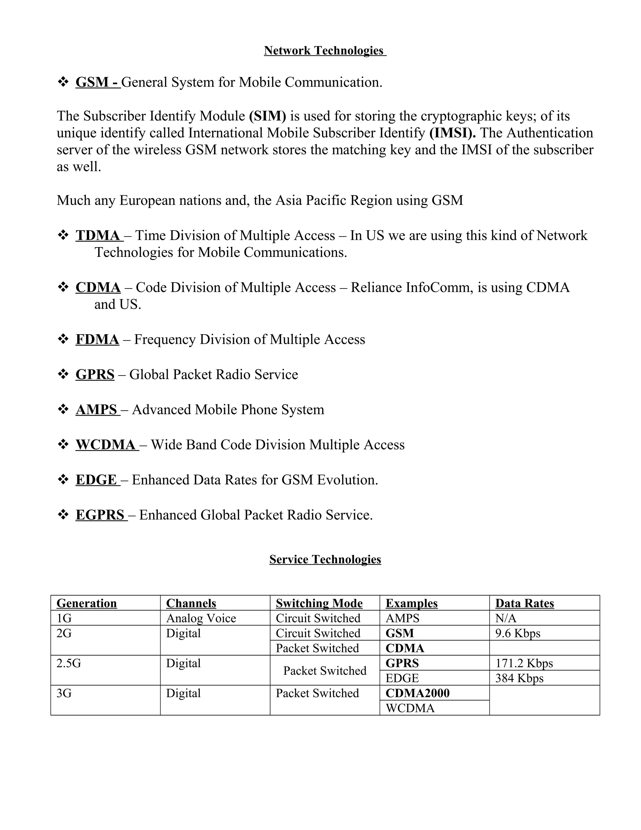 Network Technologies
 GSM - General System for Mobile Communication.
The Subscriber Identify Module (SIM) is used for storing the cryptographic keys; of its
unique identify called International Mobile Subscriber Identify (IMSI). The Authentication
server of the wireless GSM network stores the matching key and the IMSI of the subscriber
as well.
Much any European nations and, the Asia Pacific Region using GSM
 TDMA – Time Division of Multiple Access – In US we are using this kind of Network
Technologies for Mobile Communications.
 CDMA – Code Division of Multiple Access – Reliance InfoComm, is using CDMA
and US.
 FDMA – Frequency Division of Multiple Access
 GPRS – Global Packet Radio Service
 AMPS – Advanced Mobile Phone System
 WCDMA – Wide Band Code Division Multiple Access
 EDGE – Enhanced Data Rates for GSM Evolution.
 EGPRS – Enhanced Global Packet Radio Service.
Service Technologies
Generation Channels Switching Mode Examples Data Rates
1G Analog Voice Circuit Switched AMPS N/A
2G Digital Circuit Switched GSM 9.6 Kbps
Packet Switched CDMA
2.5G Digital
Packet Switched
GPRS 171.2 Kbps
EDGE 384 Kbps
3G Digital Packet Switched CDMA2000
WCDMA
 