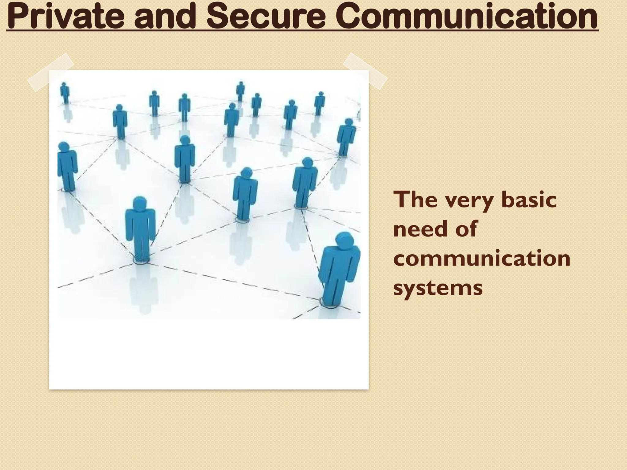 The very basic
need of
communication
systems
Private and Secure Communication
 