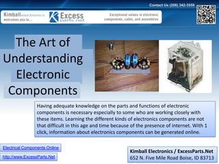 Contact Us (208) 342-3559




  The Art of
Understanding
  Electronic
 Components
                 Having adequate knowledge on the parts and functions of electronic
                 components is necessary especially to some who are working closely with
                 these items. Learning the different kinds of electronics components are not
                 that difficult in this age and time because of the presence of internet. With 1
                 click, information about electronics components can be generated online.

Electrical Components Online
                                                            Kimball Electronics / ExcessParts.Net
http://www.ExcessParts.Net                                  652 N. Five Mile Road Boise, ID 83713
 