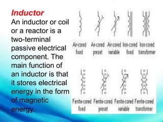 Inductor
An inductor or coil
or a reactor is a
two-terminal
passive electrical
component. The
main function of
an inductor is that
it stores electrical
energy in the form
of magnetic
energy.
 