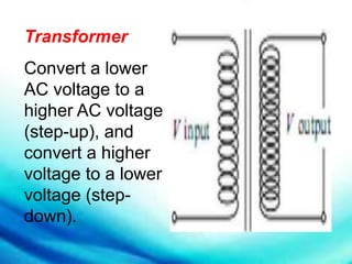 Transformer
Convert a lower
AC voltage to a
higher AC voltage
(step-up), and
convert a higher
voltage to a lower
voltage (step-
down).
 