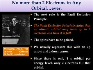 No more than 2 Electrons in Any
Orbital…ever.
 The next rule is the Pauli Exclusion
Principle.
 The Pauli Exclusion Principle states that
an atomic orbital may have up to 2
electrons and then it is full.
 The spins have to be paired.
 We usually represent this with an up
arrow and a down arrow.
 Since there is only 1 s orbital per
energy level, only 2 electrons fill that
orbital.
Wolfgang Pauli, yet
another German
Nobel Prize winner
 