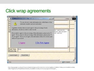 Click wrap agreements 
https://www.google.co.za/search?q=pic+of+globe+background+for+electronic+contracting&biw=1518&bih=714&source=lnms&tbm=isch&sa 
=X&ei=TKpgVLKcCYq-PNa7gPAE&ved=0CAYQ_AUoAQ#tbm=isch&q=shrink+wrap+agreement&imgdii=_ 
 
