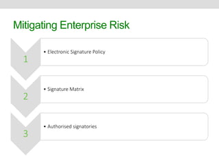 Mitigating Enterprise Risk 
1 
• Electronic Signature Policy 
2 
• Signature Matrix 
3 
• Authorised signatories 
 