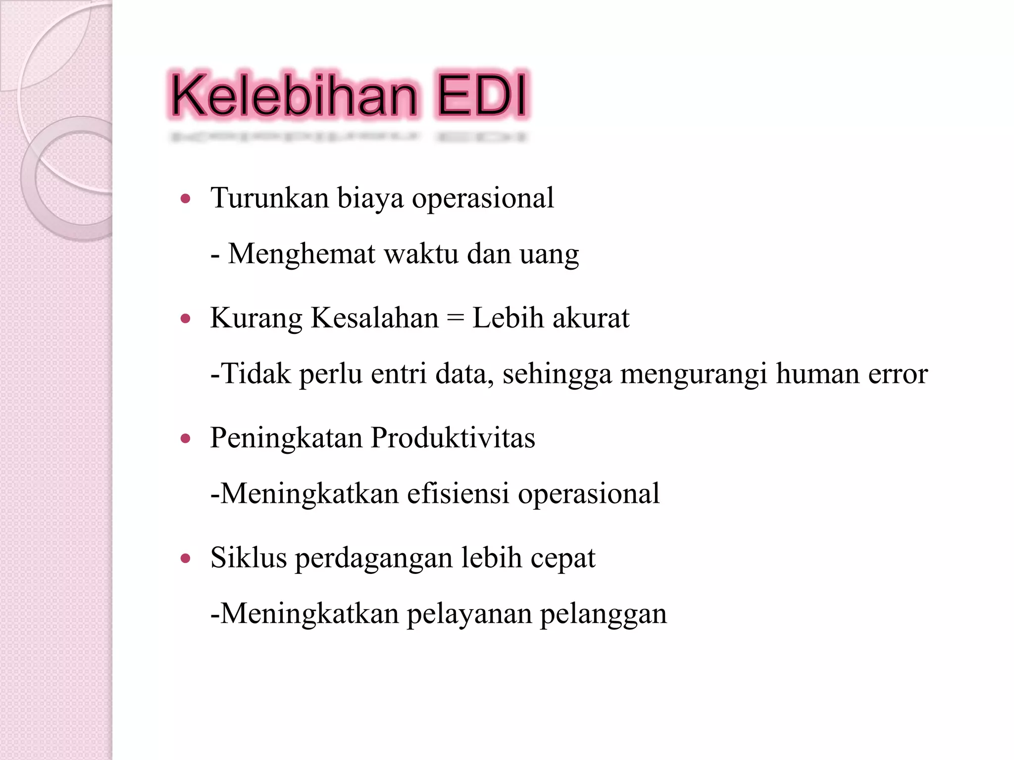 Sejarah EDIGagasan umum di belakang EDI ini berasal oleh sekelompok perusahaan kereta api pada pertengahan 1960-an, di Amerika Serikat.Standar EDI dikembangkan oleh komite Data Transportasi Koordinasi (TDCC). ANSI (American Nasional Standards Institute) standar X12 (nomor elektronik dan format) dan kemudian dikembangkan berdasarkan format TDCC.