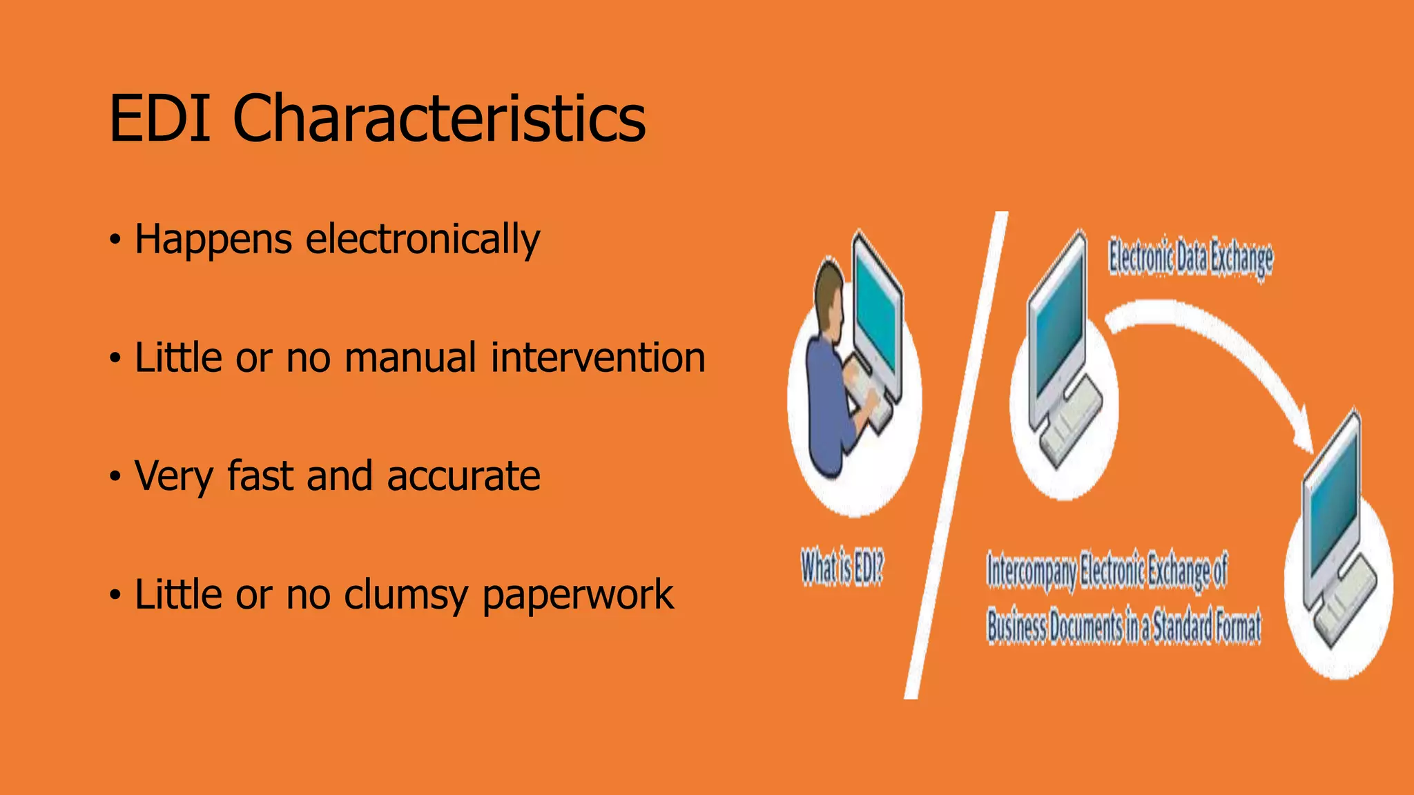 EDI Characteristics
• Happens electronically
• Little or no manual intervention
• Very fast and accurate
• Little or no clumsy paperwork
 
