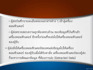 - ผู้ส่งบันทึกรายละเอียดของเอกสารต่าง ๆ เข้าสู่เครือง
คอมพิวเตอร์
- ผู้ส่งตรวจสอบความถูกต้องครบถ้วน ของข้อมูลทีบันทึกเข้า
เครืองคอมพิวเตอร์ อีกครั้งก่อนทีจะส่งไปให้เครืองคอมพิวเตอร์
ของผู้รับ
- ผู้ส่งสังให้เครืองคอมพิวเตอร์ของตนส่งข้อมูลไปให้เครือง
คอมพิวเตอร์ ของผู้รับเมือได้รับค่าสัง เครืองคอมพิวเตอร์ของผู้ส่ง
ก็จะท่าการคัดแยกข้อมูล ทีต้องการส่ง (Extracted Data)
 