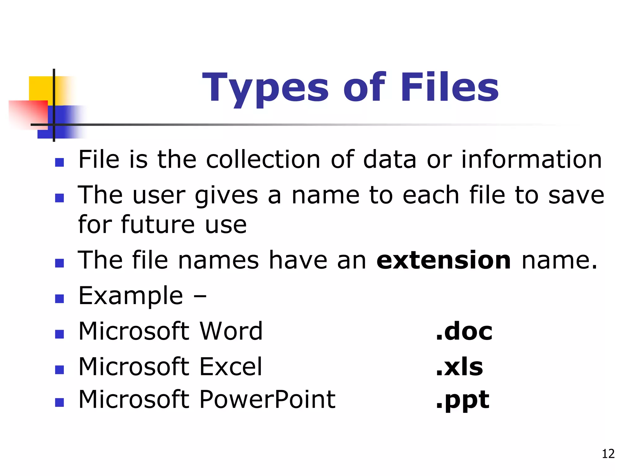 12
Types of Files
 File is the collection of data or information
 The user gives a name to each file to save
for future use
 The file names have an extension name.
 Example –
 Microsoft Word .doc
 Microsoft Excel .xls
 Microsoft PowerPoint .ppt
 