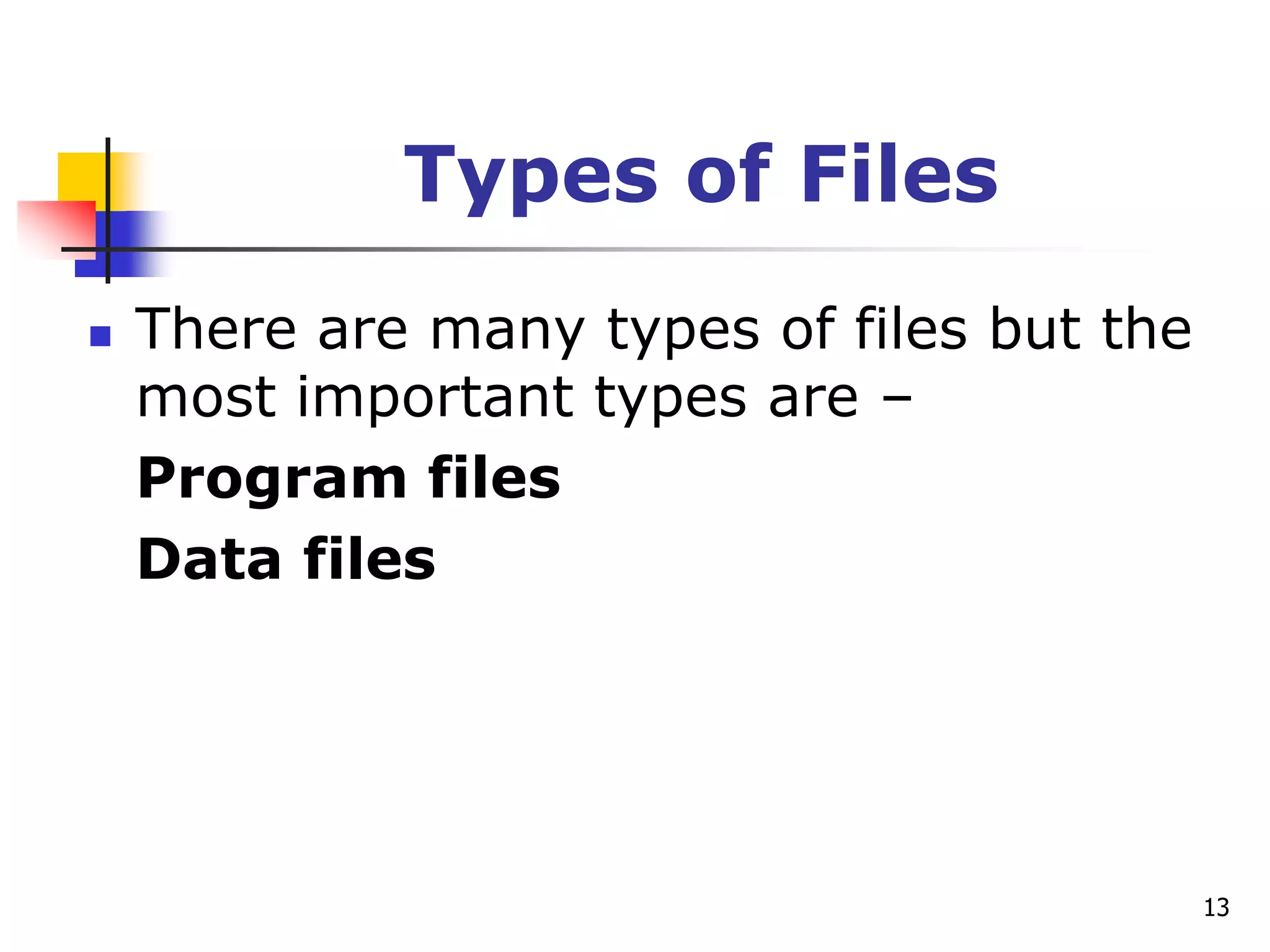 13
Types of Files
 There are many types of files but the
most important types are –
Program files
Data files
 