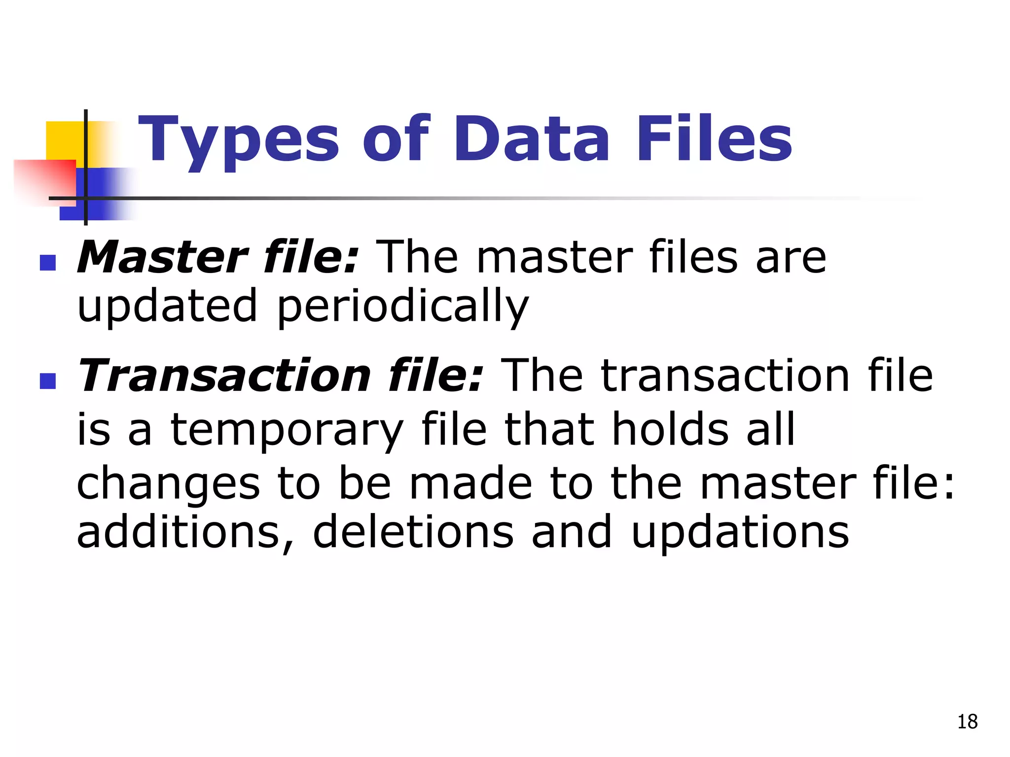 18
Types of Data Files
 Master file: The master files are
updated periodically
 Transaction file: The transaction file
is a temporary file that holds all
changes to be made to the master file:
additions, deletions and updations
 