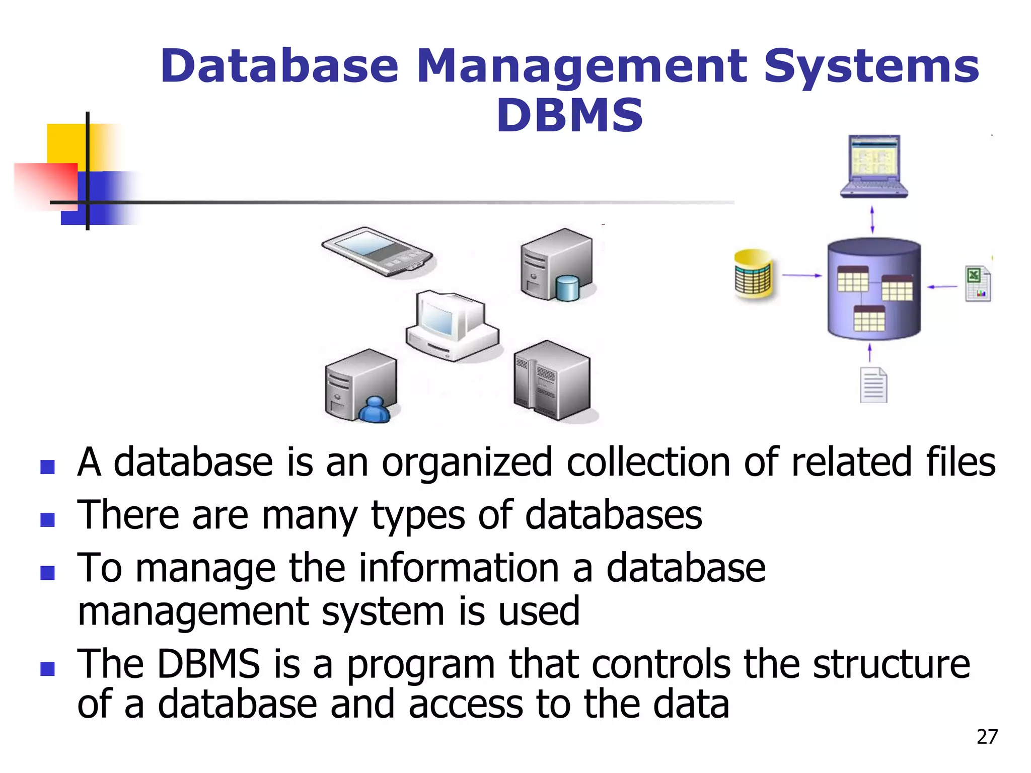 27
Database Management Systems
DBMS
 A database is an organized collection of related files
 There are many types of databases
 To manage the information a database
management system is used
 The DBMS is a program that controls the structure
of a database and access to the data
 