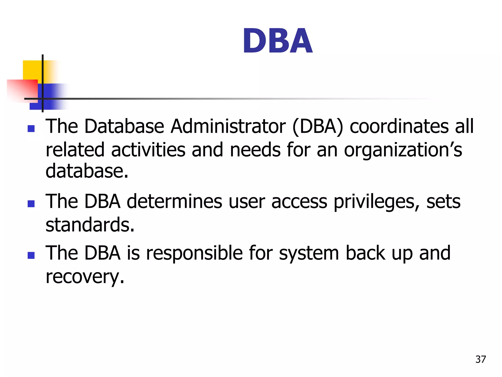 37
DBA
 The Database Administrator (DBA) coordinates all
related activities and needs for an organization’s
database.
 The DBA determines user access privileges, sets
standards.
 The DBA is responsible for system back up and
recovery.
 