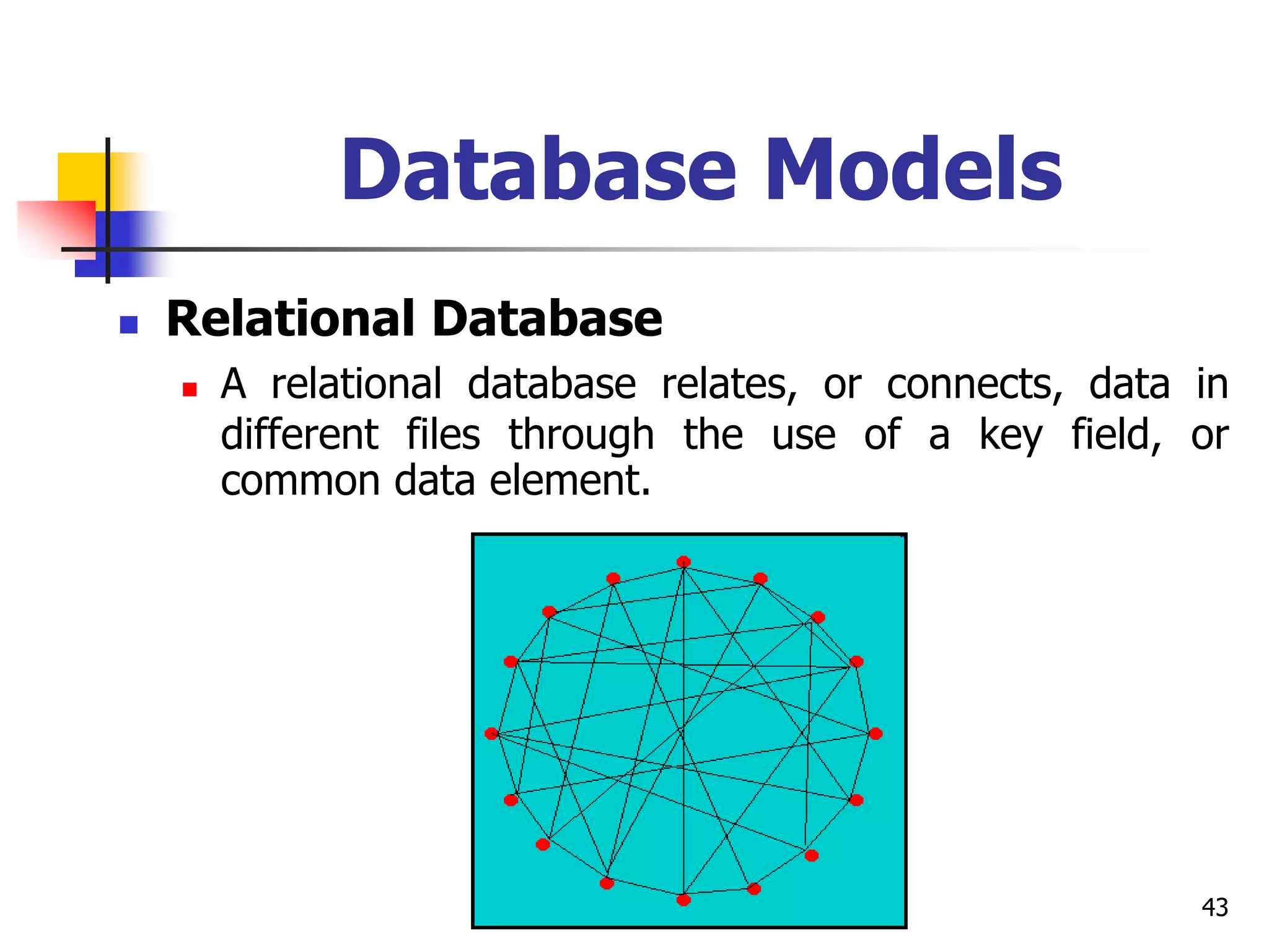 43
Database Models
 Relational Database
 A relational database relates, or connects, data in
different files through the use of a key field, or
common data element.
 