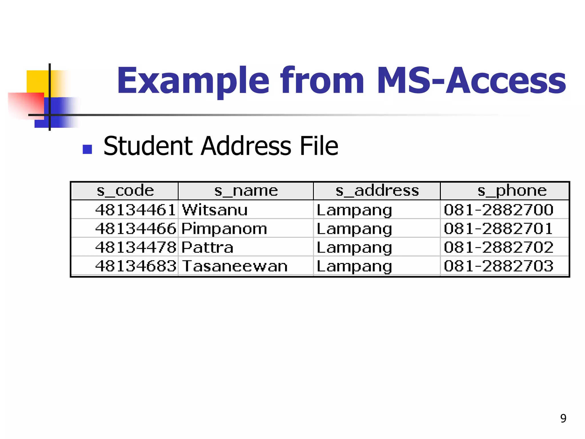 9
Example from MS-Access
 Student Address File
 