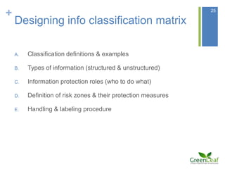 +                                                               25

    Designing info classification matrix

    A.   Classification definitions & examples

    B.   Types of information (structured & unstructured)

    C.   Information protection roles (who to do what)

    D.   Definition of risk zones & their protection measures

    E.   Handling & labeling procedure
 