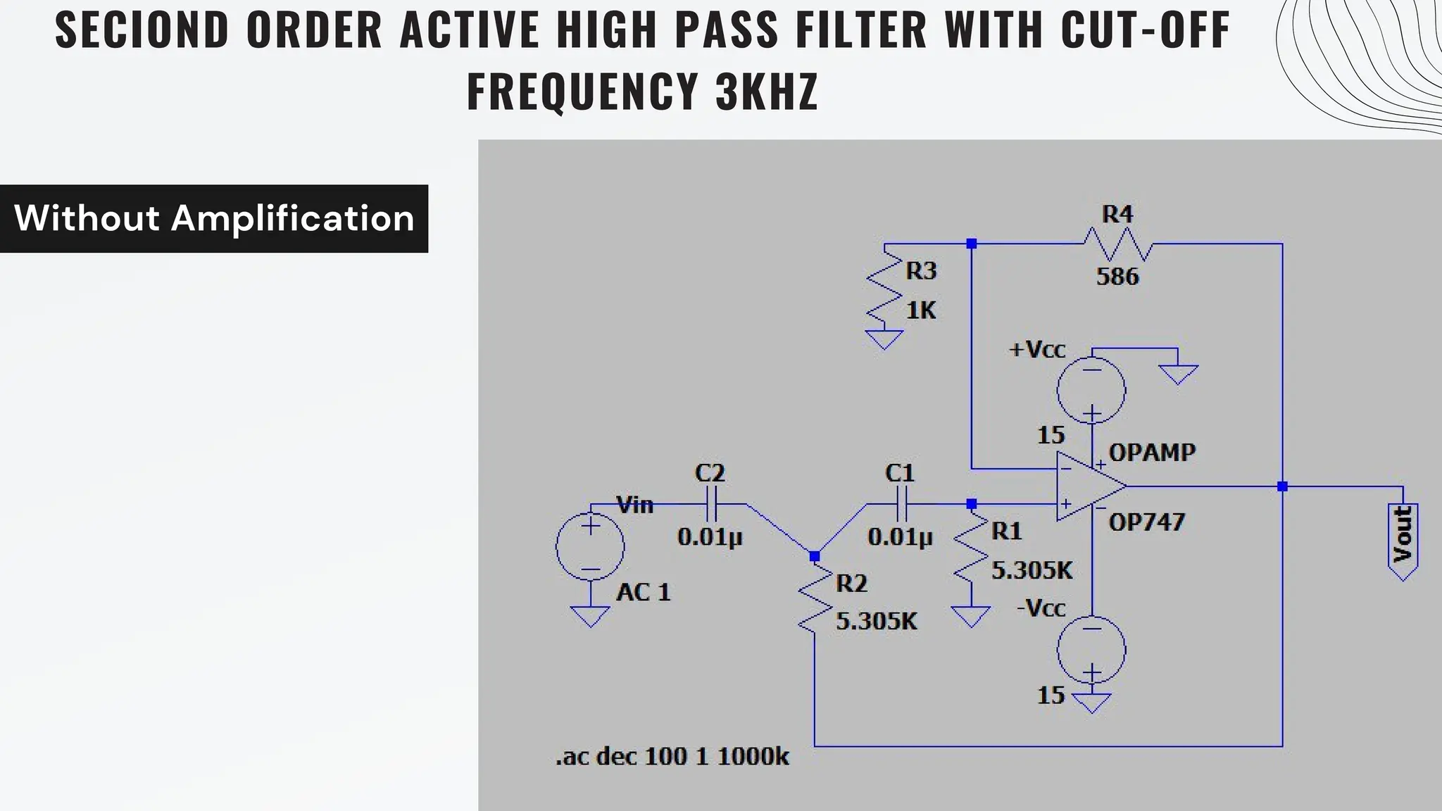 Without Amplification
SECIOND ORDER ACTIVE HIGH PASS FILTER WITH CUT-OFF
FREQUENCY 3KHZ
 