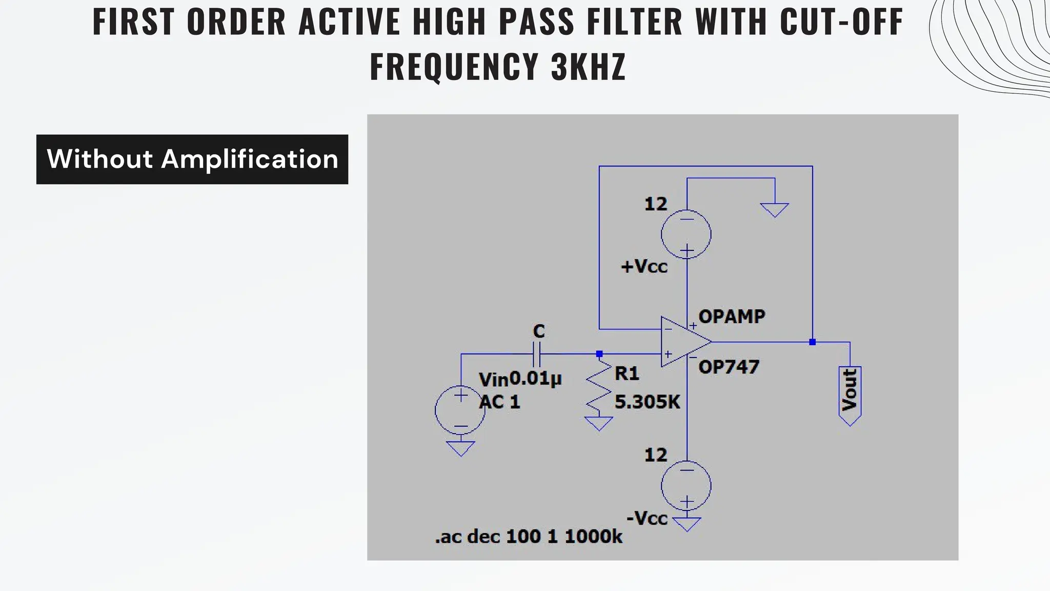 Without Amplification
FIRST ORDER ACTIVE HIGH PASS FILTER WITH CUT-OFF
FREQUENCY 3KHZ
 