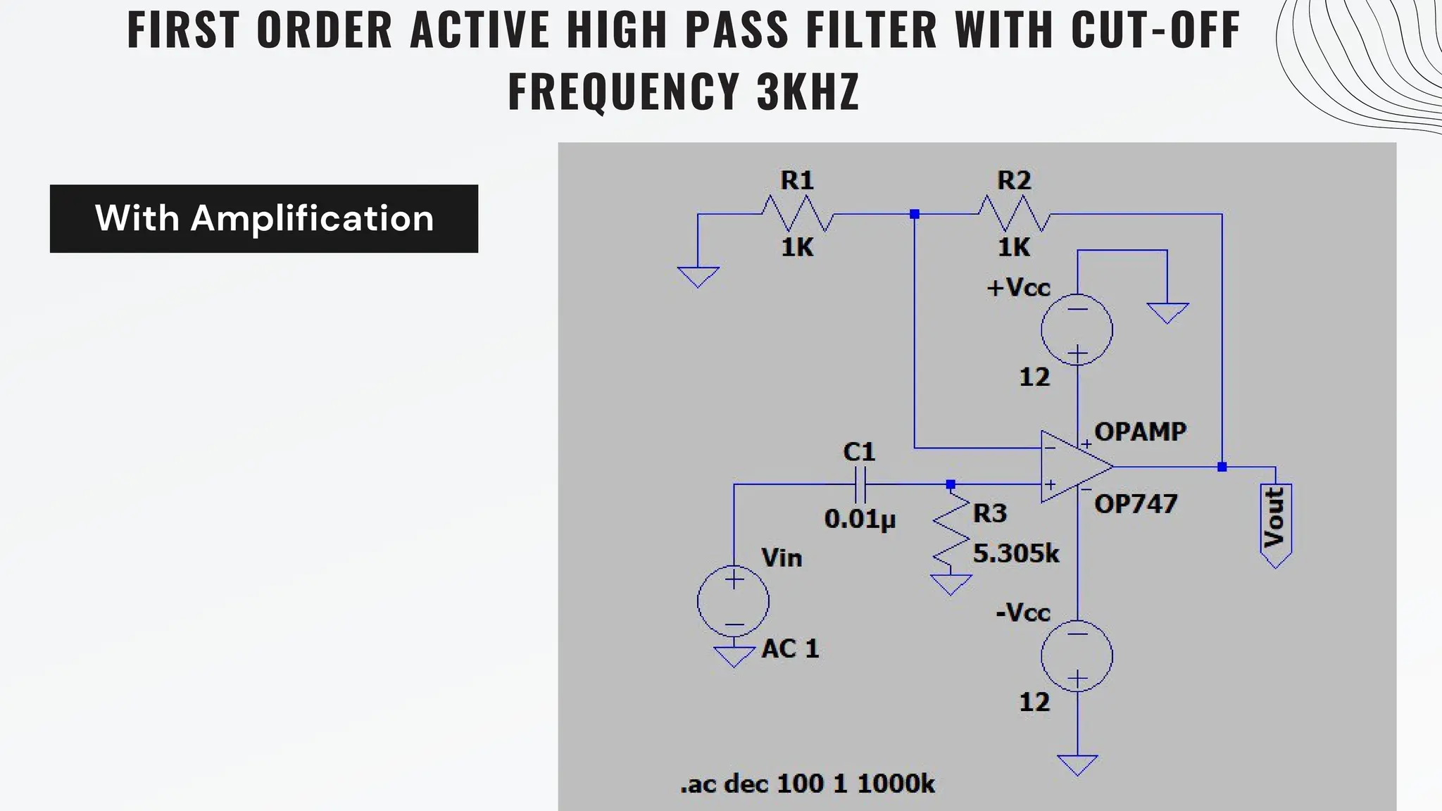 With Amplification
FIRST ORDER ACTIVE HIGH PASS FILTER WITH CUT-OFF
FREQUENCY 3KHZ
 