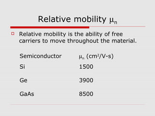 Relative mobility µn
 Relative mobility is the ability of free
carriers to move throughout the material.
Semiconductor µn (cm2
/V-s)
Si 1500
Ge 3900
GaAs 8500
 