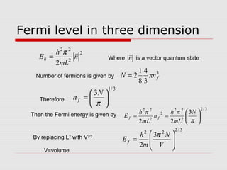 Fermi level in three dimension
3/1
3






=
π
N
nf
3/222
3
2 







=
V
N
m
h
E f
π
3/2
2
22
2
2
22
3
22






==
π
ππ N
mL
h
n
mL
h
E ff
3
3
4
8
1
2 fnN π=
2
2
22
2
n
mL
h
En

π
= Where is a vector quantum staten

Number of fermions is given by
Therefore
Then the Fermi energy is given by
By replacing L2
with V2/3
V=volume
 