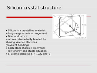 Silicon crystal structure
• Silicon is a crystalline material:
– long range atomic arrangement
• Diamond lattice:
– atoms tetrahedrally bonded by
sharing valence electrons
(covalent bonding)
• Each atom shares 8 electrons:
– low energy and stable situation
• Si atomic density: 5 × 1022 cm−3
 