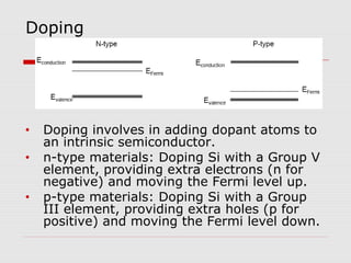 Doping
• Doping involves in adding dopant atoms to
an intrinsic semiconductor.
• n-type materials: Doping Si with a Group V
element, providing extra electrons (n for
negative) and moving the Fermi level up.
• p-type materials: Doping Si with a Group
III element, providing extra holes (p for
positive) and moving the Fermi level down.
 