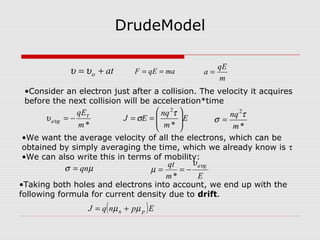 DrudeModel
ato += υυ maqEF ==
m
qE
a =
Em
qt gaυυ
µ −==
*
( )EpnqJ pn µµ +=
E
m
nq
EJ 







==
*
2
τ
σ
µσ qn=
*m
qE
ga
τ
υυ −=
*
2
m
nq τ
σ =
•Consider an electron just after a collision. The velocity it acquires
before the next collision will be acceleration*time
•We want the average velocity of all the electrons, which can be
obtained by simply averaging the time, which we already know is τ
•We can also write this in terms of mobility:
•Taking both holes and electrons into account, we end up with the
following formula for current density due to drift.
 