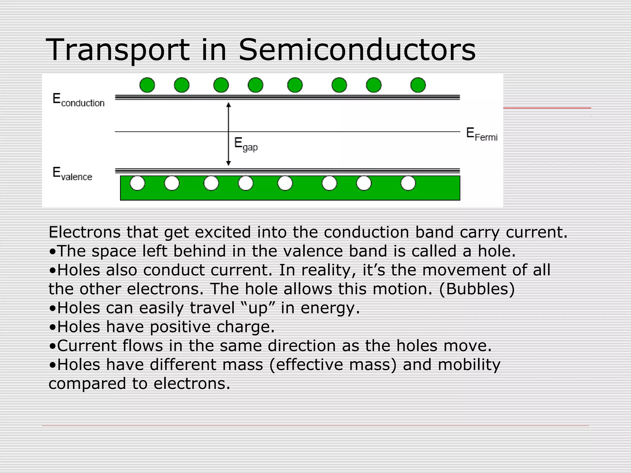 Transport in Semiconductors
Electrons that get excited into the conduction band carry current.
•The space left behind in the valence band is called a hole.
•Holes also conduct current. In reality, it’s the movement of all
the other electrons. The hole allows this motion. (Bubbles)
•Holes can easily travel “up” in energy.
•Holes have positive charge.
•Current flows in the same direction as the holes move.
•Holes have different mass (effective mass) and mobility
compared to electrons.
 