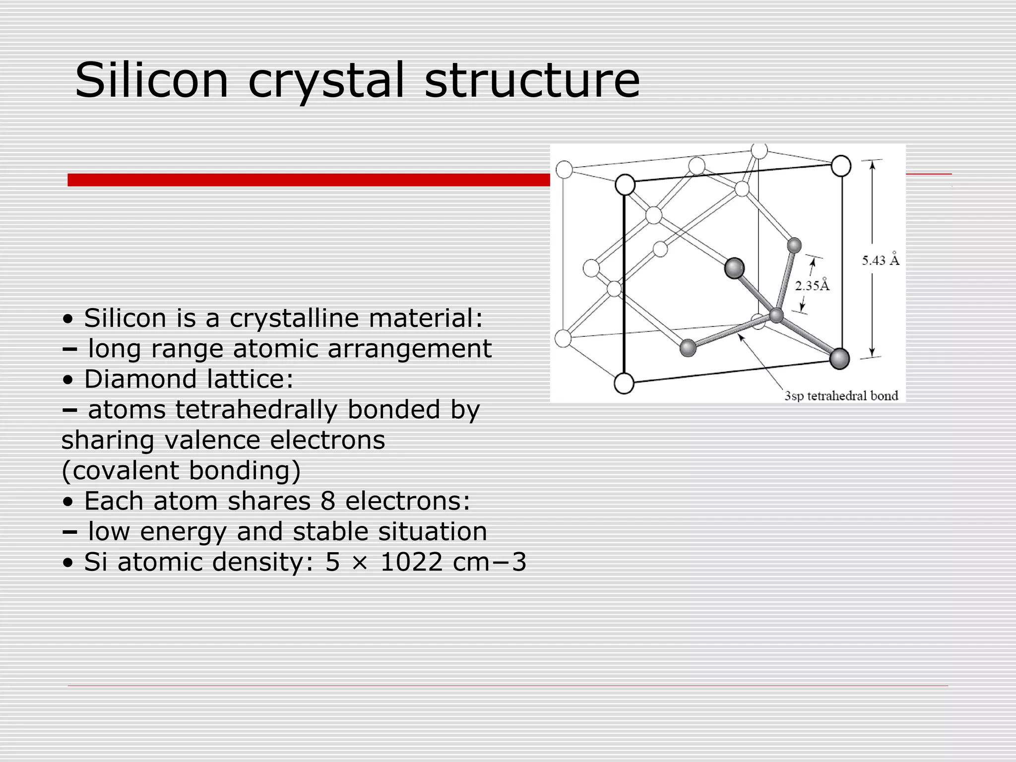 Silicon crystal structure
• Silicon is a crystalline material:
– long range atomic arrangement
• Diamond lattice:
– atoms tetrahedrally bonded by
sharing valence electrons
(covalent bonding)
• Each atom shares 8 electrons:
– low energy and stable situation
• Si atomic density: 5 × 1022 cm−3
 