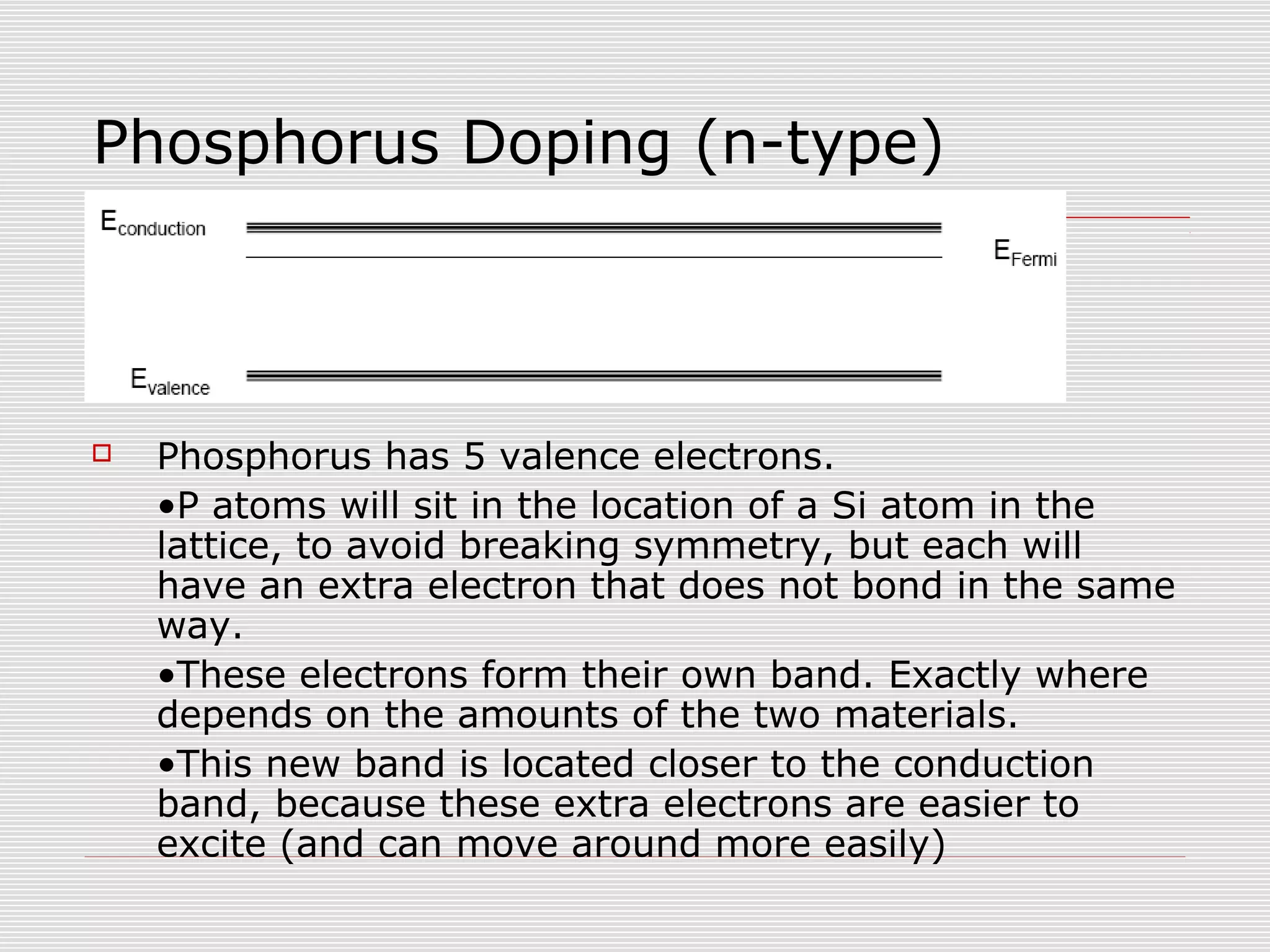 Phosphorus Doping (n-type)
 Phosphorus has 5 valence electrons.
•P atoms will sit in the location of a Si atom in the
lattice, to avoid breaking symmetry, but each will
have an extra electron that does not bond in the same
way.
•These electrons form their own band. Exactly where
depends on the amounts of the two materials.
•This new band is located closer to the conduction
band, because these extra electrons are easier to
excite (and can move around more easily)
 