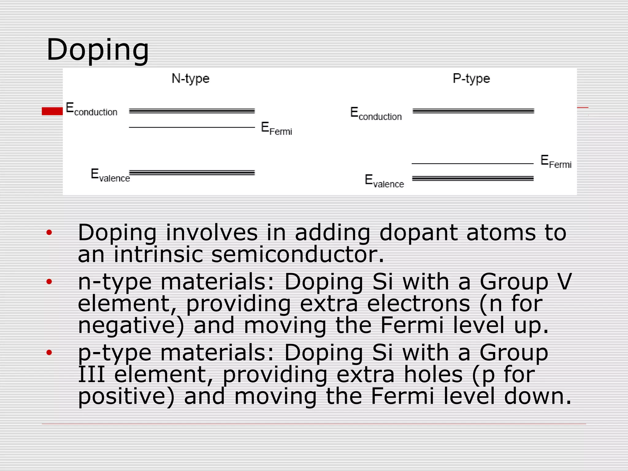 Doping
• Doping involves in adding dopant atoms to
an intrinsic semiconductor.
• n-type materials: Doping Si with a Group V
element, providing extra electrons (n for
negative) and moving the Fermi level up.
• p-type materials: Doping Si with a Group
III element, providing extra holes (p for
positive) and moving the Fermi level down.
 