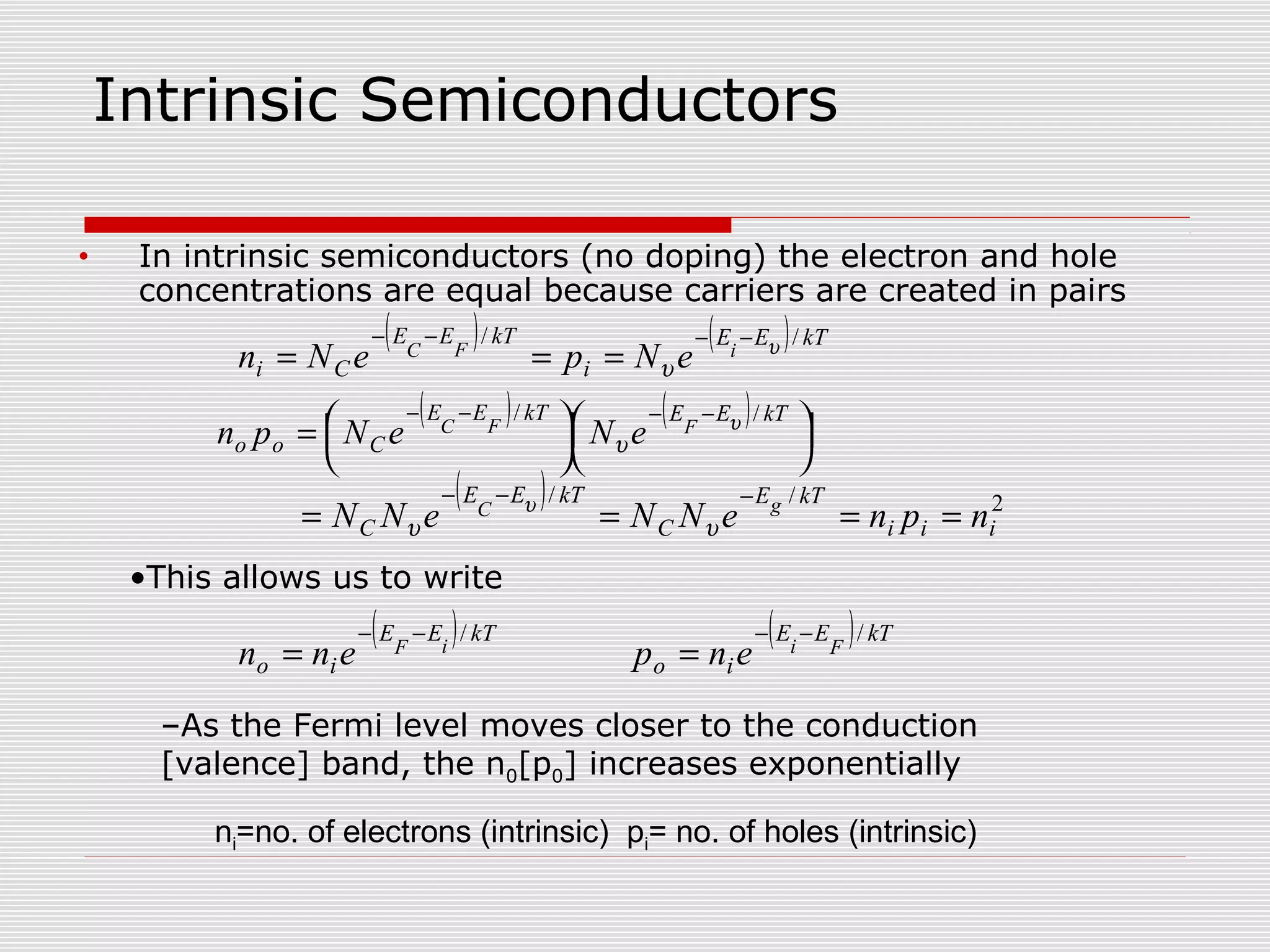 Intrinsic Semiconductors
• In intrinsic semiconductors (no doping) the electron and hole
concentrations are equal because carriers are created in pairs
( ) ( ) kTEE
i
kTEE
Ci
iFC
eNpeNn
// υ
υ
−−−−
===
( ) ( )








=
−−−− kTEEkTEE
Coo
FFC
eNeNpn
// υ
υ
( ) kTEE
io
Fi
enp
/−−
=
( ) kTEE
io
iF
enn
/−−
=
( ) 2//
iii
kTE
C
kTEE
C npneNNeNN gC
====
−−−
υυ
υ
•This allows us to write
–As the Fermi level moves closer to the conduction
[valence] band, the n0[p0] increases exponentially
ni=no. of electrons (intrinsic) pi= no. of holes (intrinsic)
 