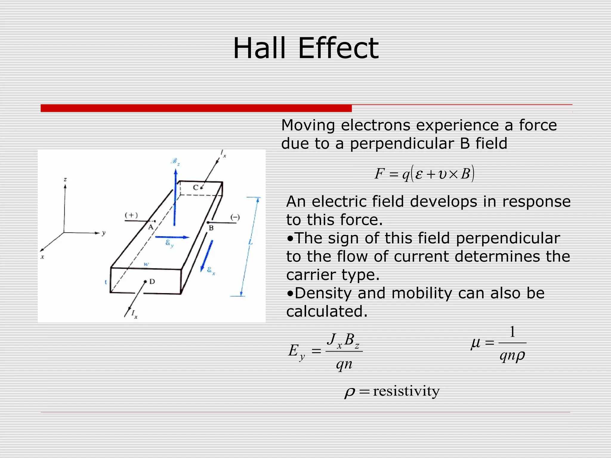 Hall Effect
( )BqF ×+= υε
qn
BJ
E zx
y =
Moving electrons experience a force
due to a perpendicular B field
yresistivit=ρ
ρ
µ
qn
1
=
An electric field develops in response
to this force.
•The sign of this field perpendicular
to the flow of current determines the
carrier type.
•Density and mobility can also be
calculated.
 