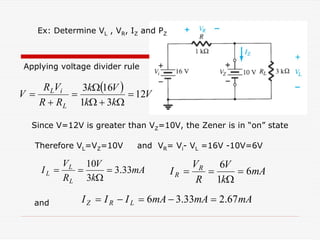 Ex: Determine VL , VR, IZ and PZ
( ) V
k
k
V
k
R
R
V
R
V
L
i
L
12
3
1
16
3
=
Ω
+
Ω
Ω
=
+
=
mA
mA
mA
I
I
I L
R
Z 67
.
2
33
.
3
6 =
−
=
−
=
mA
k
V
R
V
I
L
L
L 33
.
3
3
10
=
Ω
=
=
Applying voltage divider rule
Since V=12V is greater than VZ=10V, the Zener is in “on” state
Therefore VL=VZ=10V and VR= Vi- VL =16V -10V=6V
mA
k
V
R
V
I R
R 6
1
6
=
Ω
=
=
and
 