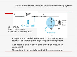 This is the cheapest circuit to protect the switching system.
A capacitor is parallel to the switch. It is acting as a
bypass ( or shorting) the high frequency component.
Xc= 1/2πfC
Low cost ceramic
capacitor is usually used
A snubber is also to short circuit the high frequency
component
The resistor in series is to protect the surge current.
 