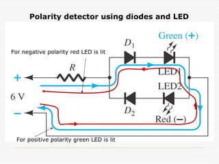 Polarity detector using diodes and LED
For positive polarity green LED is lit
For negative polarity red LED is lit
 